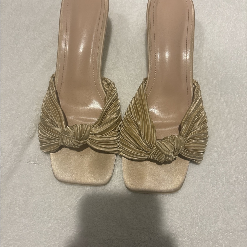 Tan Square-Toe Mules with Knot Detail